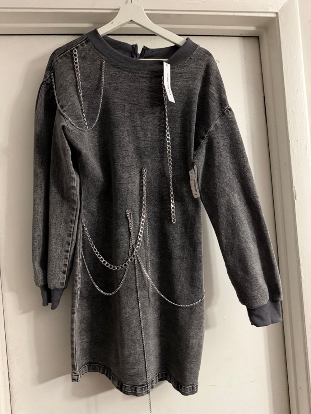 Long Sleeve Washed Black Chain-Accent Dress